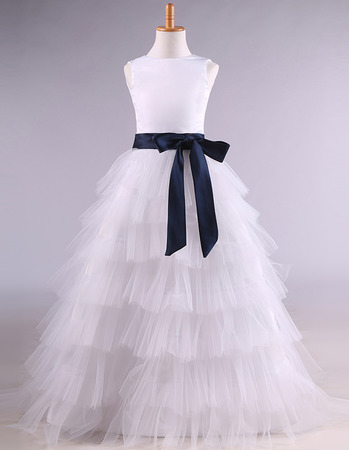 Affordable Stunning Long Tulle Layered Skirt Flower Girl Dress with Sashes