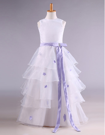 Inexpensive Stunning Organza Layered Skirt Applique Flower Girl Dress with Sash