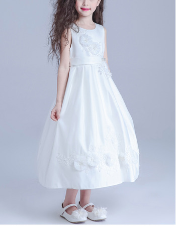 Kids A-Line Sleeveless Tea Length Satin Girls Flower Girl Dress