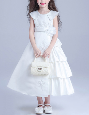 Kids Lovely Lapel Tea Length Satin Taffeta Asymmetric Flower Girl Princess Dress