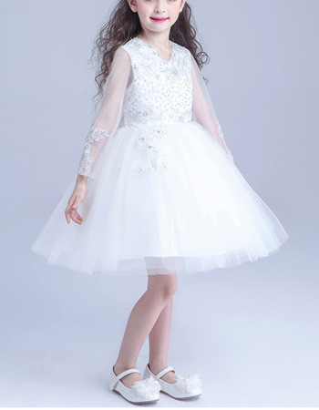 Inexpensive Cute Ball Gown Short Tulle Flower Girl Dress with Long Sleeves