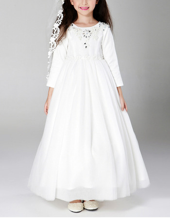 Beautiful Lovely Ankle Length Satin First Communion Dress with Long Sleeves