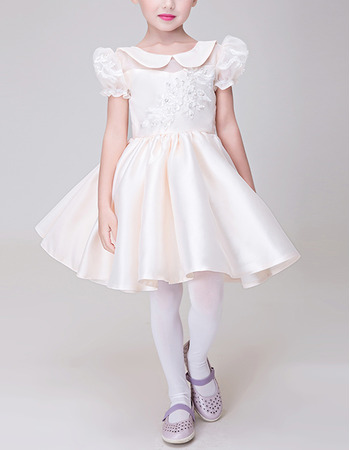 Beautiful A-Line Lapel Short Satin Flower Girl Dress with Bubble Sleeves