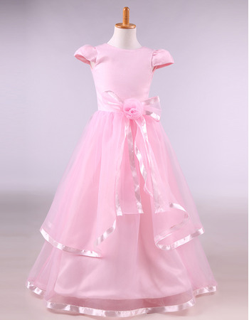 Beautiful Little Girls Floor Length Satin Pink Flower Girl Dress with Cap Sleeves