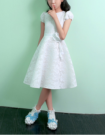 Affordable Knee Length Lace Flower Girl Dress with Short Sleeves