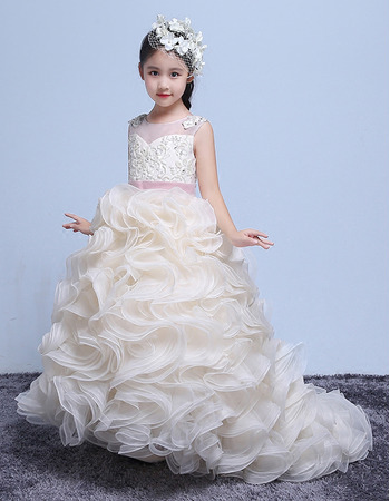 Adorable Sweep Train Ruffle Skirt Flower Girl Dress with Belts