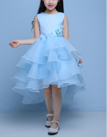 Cute Little Girls High-Low Satin Organza Layered Skirt Blue Flower Girl Dress