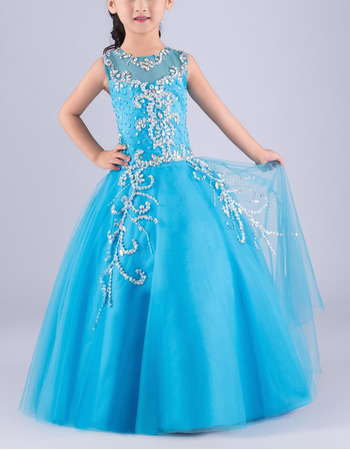 Pretty Ball Gown Sleeveless Floor Length Rhinestone Blue Flower Girl Dress