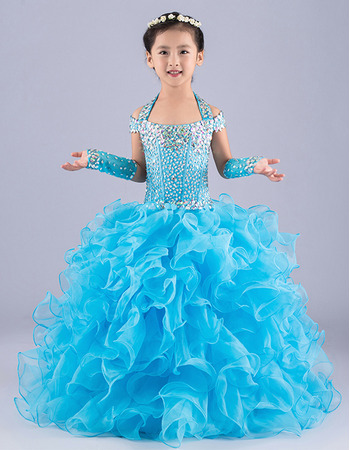 Classy Ball Gown Halter Long Ruffle Skirt Blue Flower Girl Party/ Pageant Dress