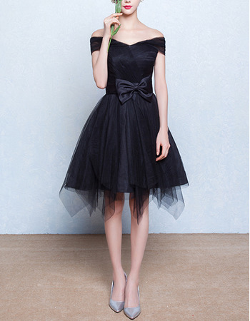Girls Classy Off-the-shoulder Short Little Black Homecoming Dress with Bows