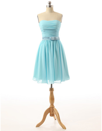 Inexpensive Strapless Knee Length Light Blue Chiffon Homecoming Dress with Belts