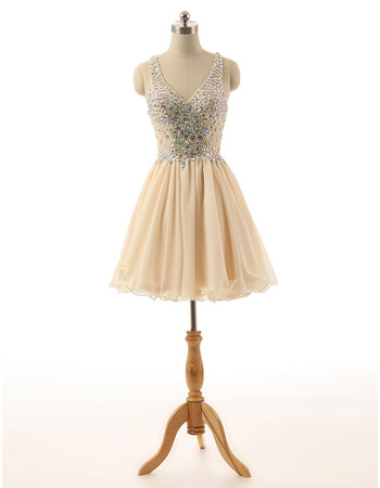 Custom A-Line V-Neck Short Chiffon Rhinestone Junior Homecoming Dress