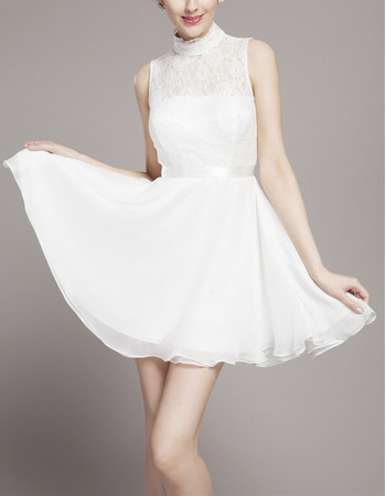 Custom Modern High-Neck Sleeveless Lace Chiffon Short Wedding Dress