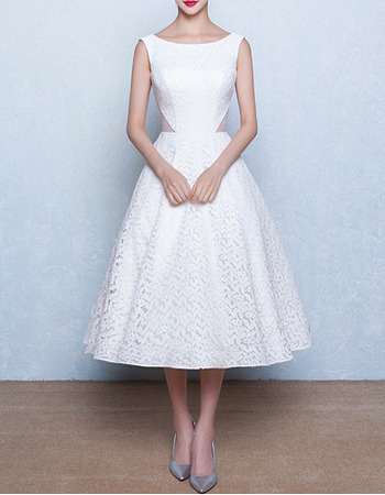 Classic Modern A-Line Bateau Sleeveless Tea Length Lace Wedding Dress