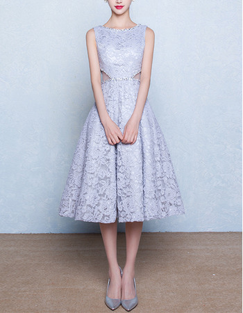 Classic A-Line Bateau Sleeveless Tea Length Lace Blue Wedding Dress
