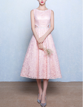 Classic Modern A-Line Bateau Sleeveless Tea Length Lace Pink Wedding Dress