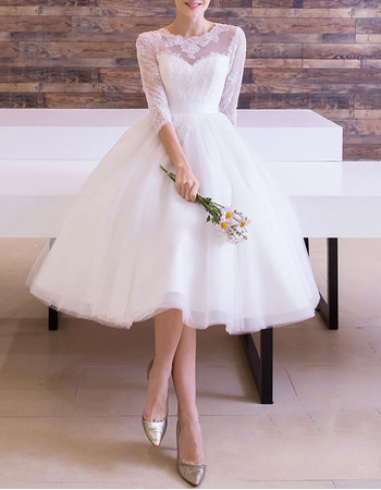 Custom Classic A-Line Knee Length Wedding Dress with 3/4 Long Sleeves