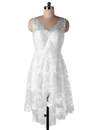 Affordable Charming V-Neck High-Low Lace Short Beach Wedding Dress