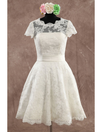 Classic Elegant A-Line Knee Length Lace Wedding Dress with Short Sleeves