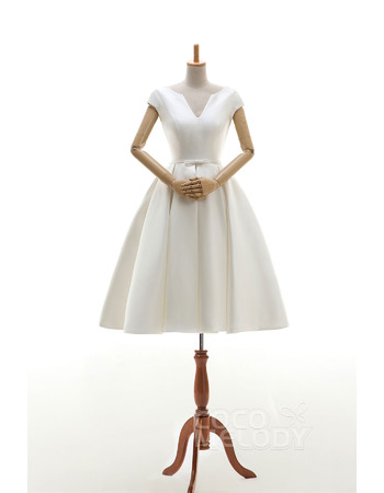 Custom Designer V-Neck Knee Length Satin Reception Wedding Dress with Cap Sleeves