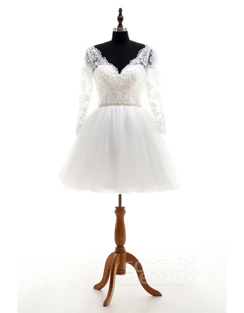 Informal Charming V-Neck Short Organza Wedding Dress with Long Sleeves