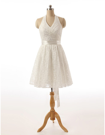 Custom Simple Halter Knee Length Lace Reception Wedding Dress with Bows