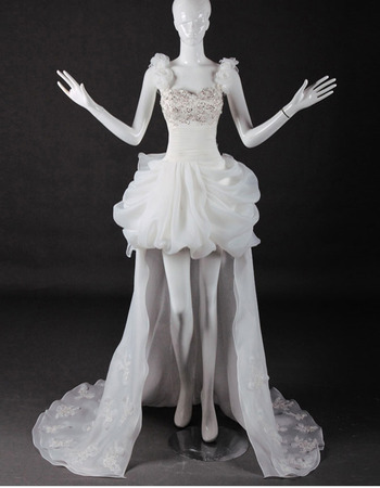 Custom Chic High-Low Sweep Train Organza Wedding Dress with Straps