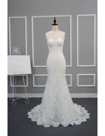 Classic Simple Sheath Sweep Train Lace Backless Wedding Dress