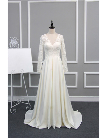 Inexpensive Modern V-Neck Sweep Train Wedding Dress with Long Lace Sleeves