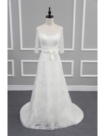 Timeless Round/ Scoop Neck Lace Wedding Dress with 3/4 Long Sleeves