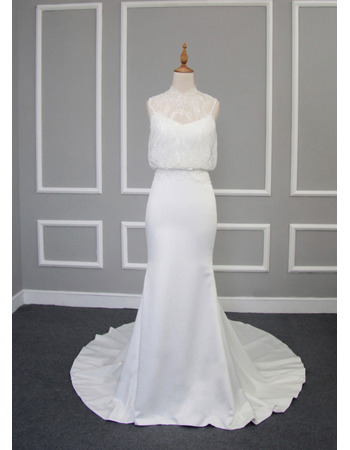 Trendy Modern Sheath Chapel Train Satin Lace Blouse Wedding Dress