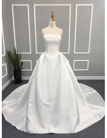 Vintage Ball Gown Strapless Cathedral Train Satin Wedding Dress