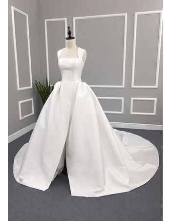 Custom Ball Gown Square Cathedral Train Satin Split Wedding Dress