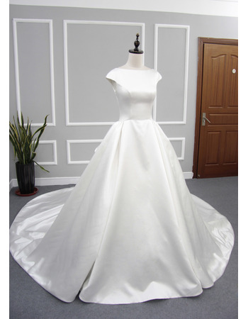Inexpensive Vintage Ball Gown Cap Sleeves Cathedral Train Satin Wedding Dress