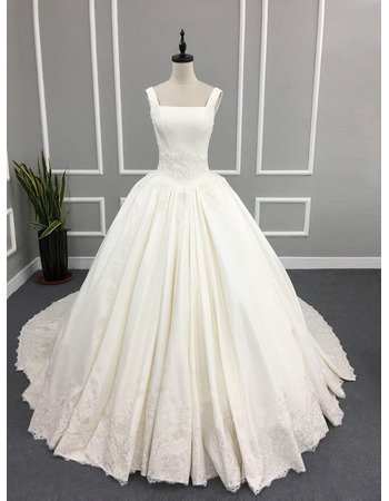 Style Ball Gown Square Neck Chapel Train Satin Wedding Dress