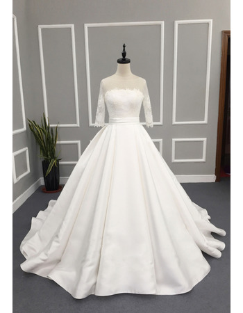 Custom A-Line Chapel Train Wedding Dress with 3/4 Long Sleeves