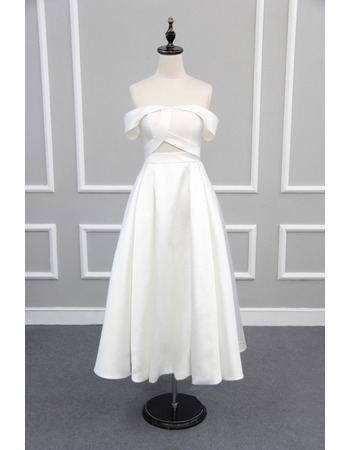 Affordable Chic Off-the-shoulder Tea Length Satin Reception Wedding Dress