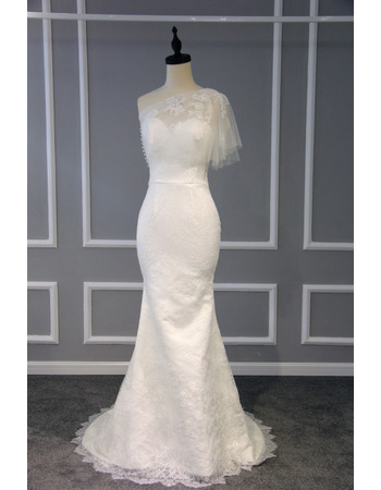 Chic Sheath One Shoulder Sweep Train Lace Wedding Dress