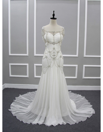 Custom Chic Sweetheart Chapel Train Chiffon Wedding Dress with Beads