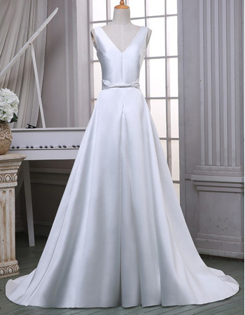 Custom Elegant A-Line V-Neck Sleeveless Court Train Satin Wedding Dress