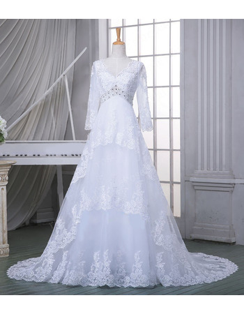 Affordable Modern V-Neck Court Train Tulle Wedding Dress with Long Sleeves