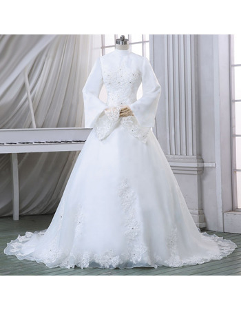 Custom Modern High-Neck Satin Winter Wedding Dress with Long Sleeves