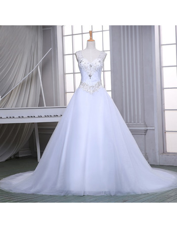 Elegant A-Line V-Neck Sleeveless Chapel Train Satin Wedding Dress