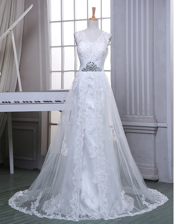 Custom Designer Sheath V-Neck Sleeveless Sweep Train Tulle Wedding Dress