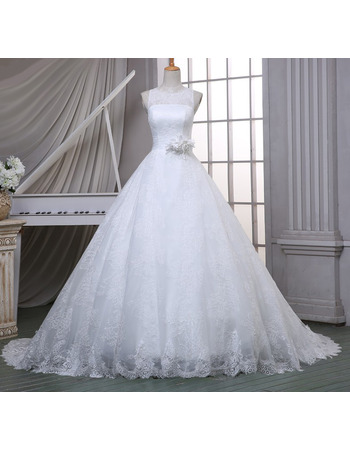 Inexpensive Classic Ball Gown Sleeveless Court Train Lace Wedding Dress