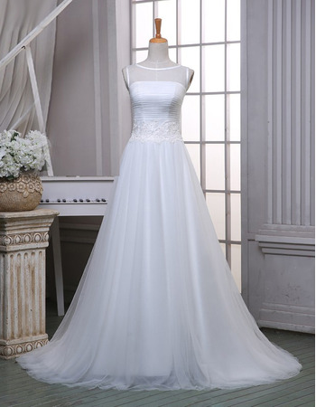 Classic A-Line Bateau Sleeveless Sweep Train Organza Wedding Dress