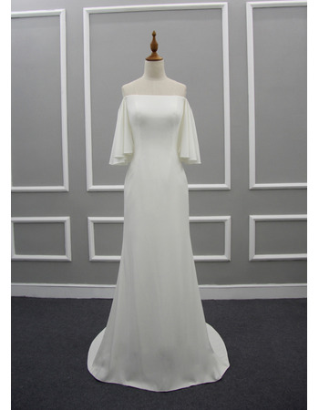 Affordable Strapless Sweep Train Satin Wedding Dress with Short Sleeves