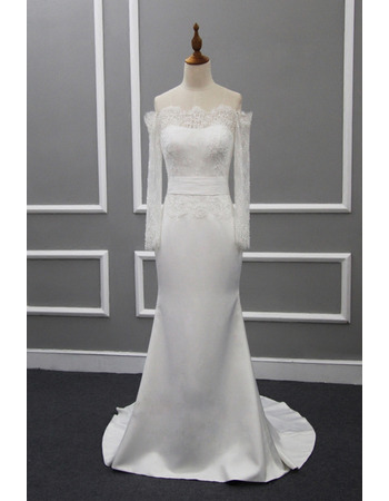 Custom Designer Sheath Off-the-shoudler Bridal Wedding Dress with Long Sleeves