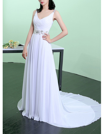 Classic Sexy V-Neck Sleeveless Sweep Train Chiffon Pleated Wedding Dress