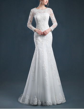 Custom Elegant Mermaid Sweep Train Organza Wedding Dress with Long Sleeves